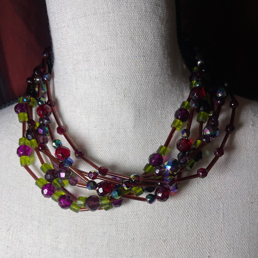 Chico's Multi Strand Necklace With Dark & red Aurora Borealis Beads